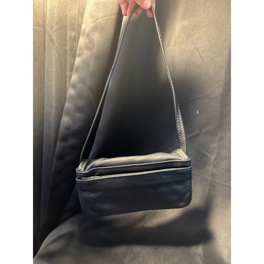 Black Pebbled Leather Multi Pocket Shoulder Bag with Magnetic Flap and Key Clip